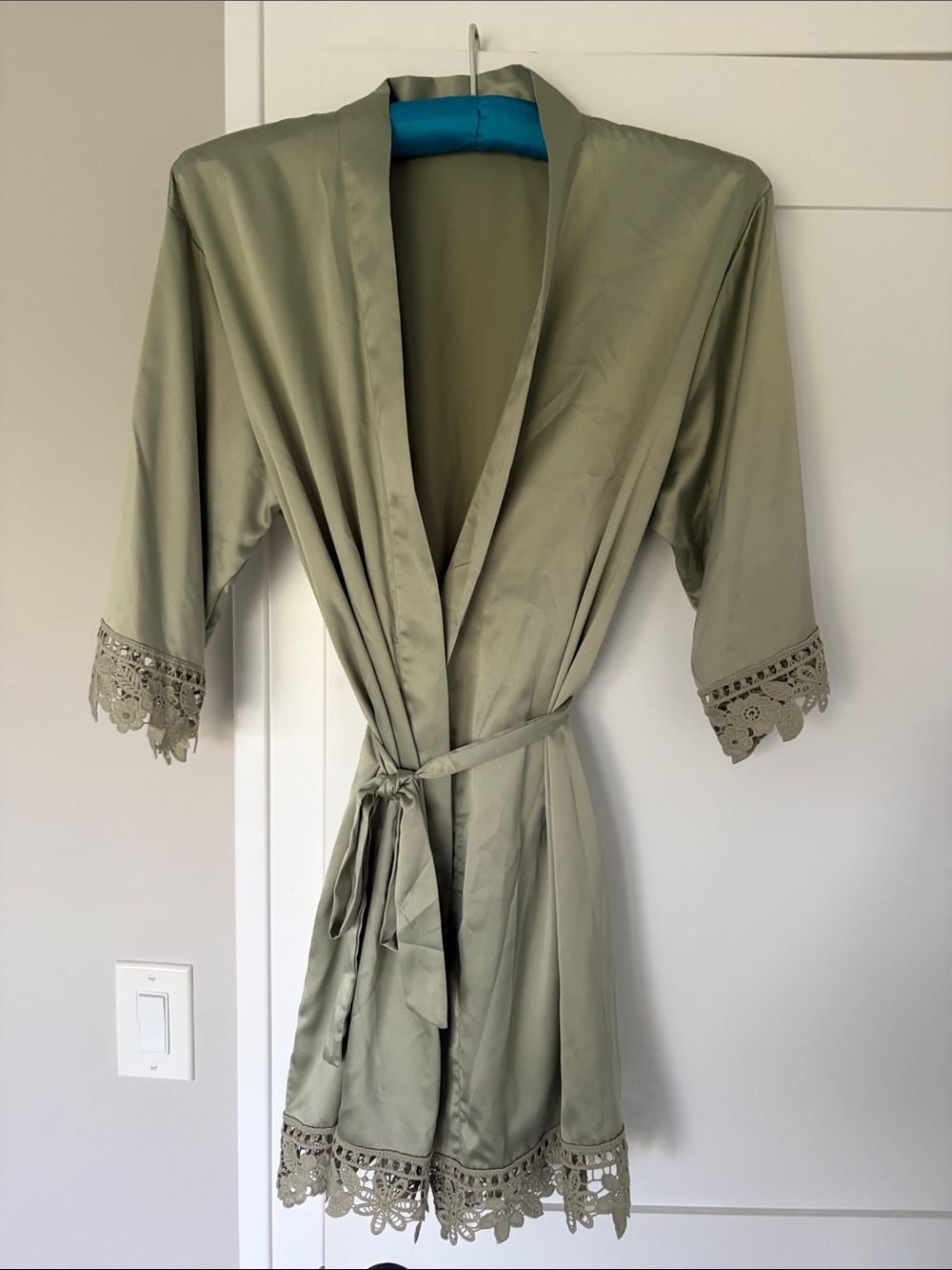 Satin Lace-Trim Robe in Sage Green